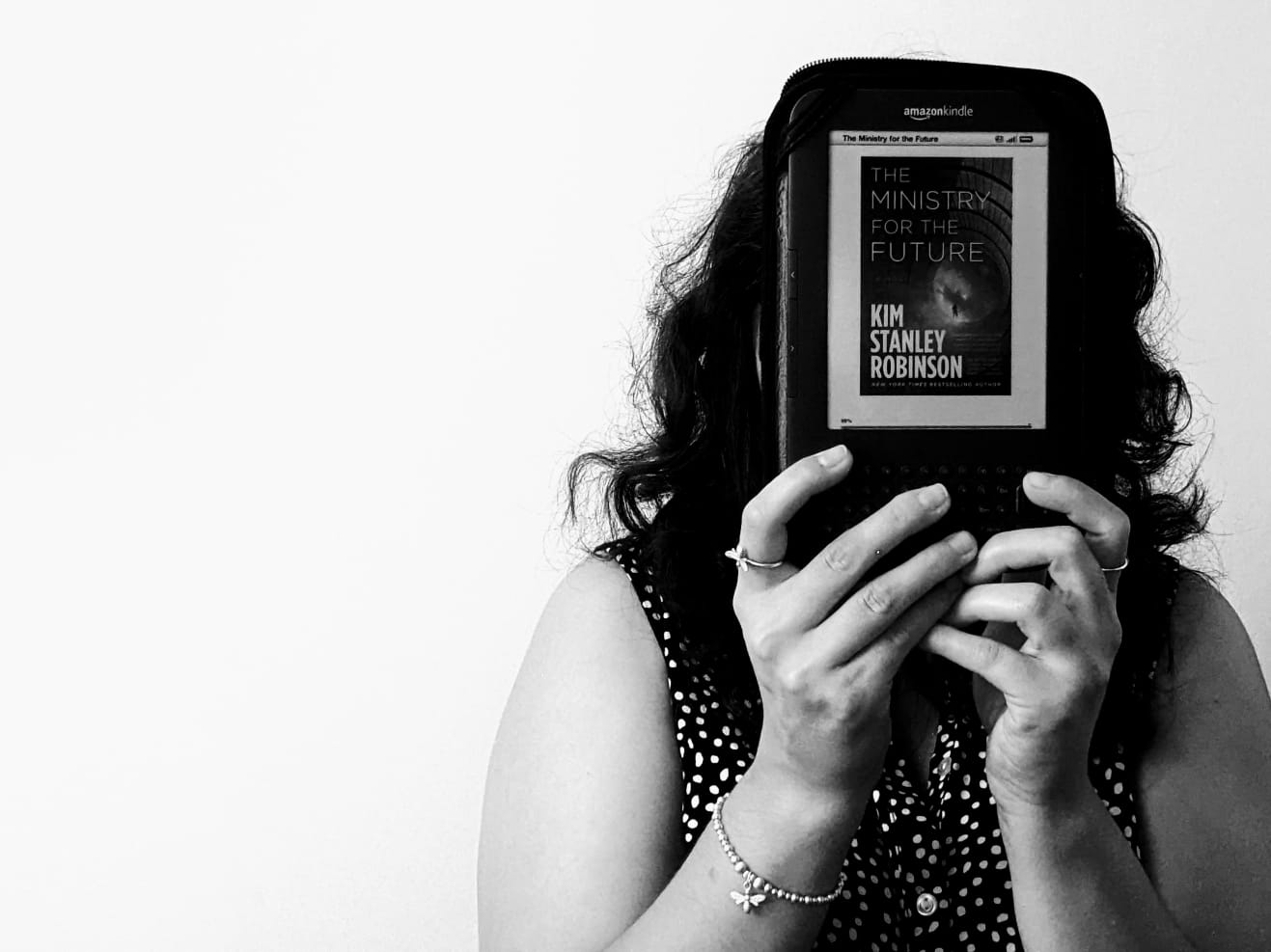 A black and white picture of a Kindle copy of Ministry for the Future