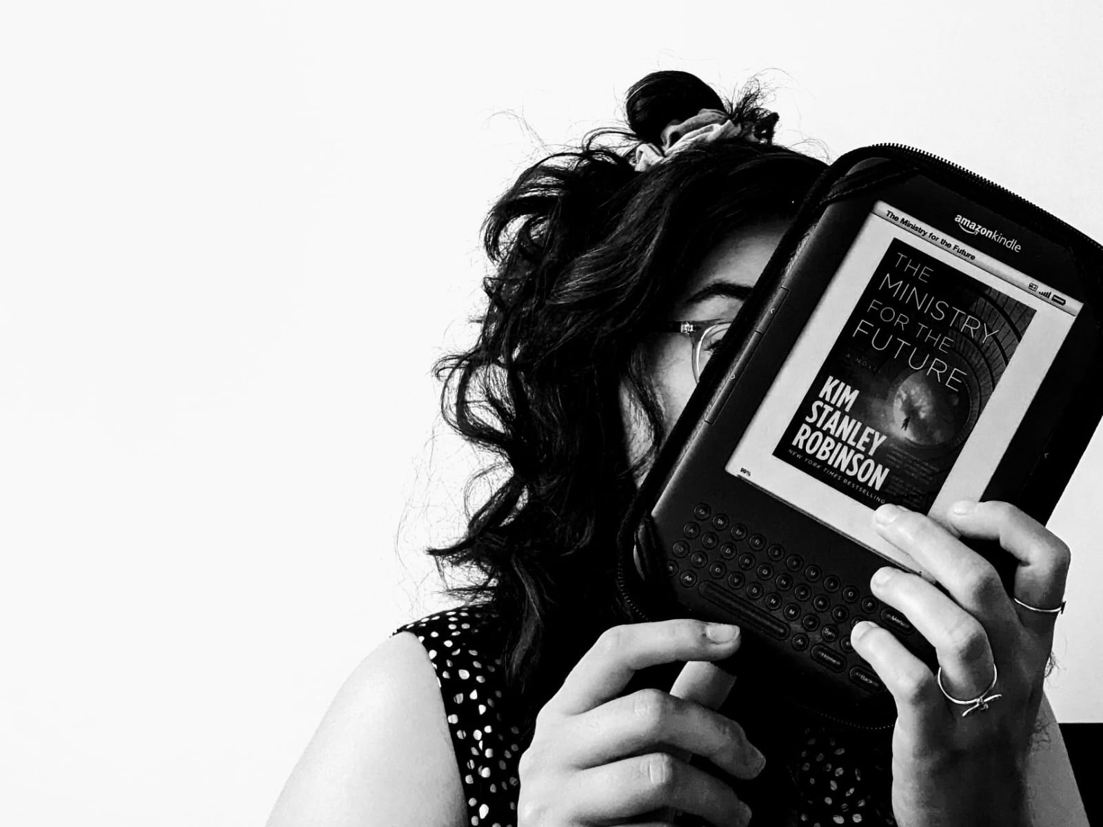A black and white picture of a Kindle copy of Ministry for the Future