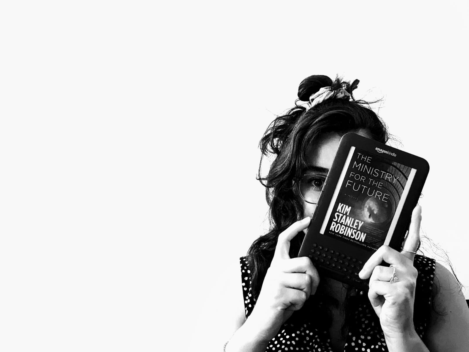 A black and white picture of a Kindle copy of Ministry for the Future