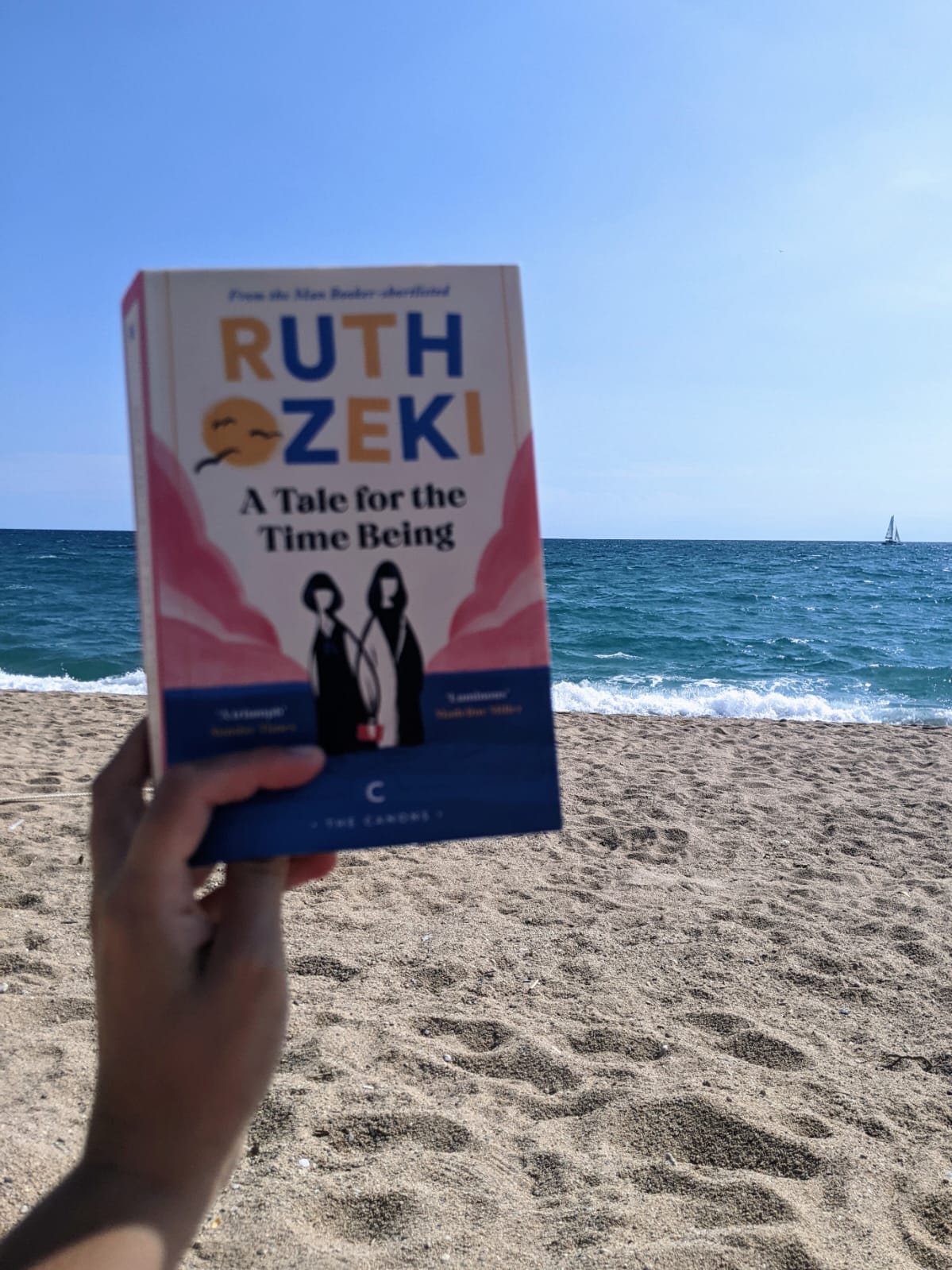 A picture of the novel against a beach background